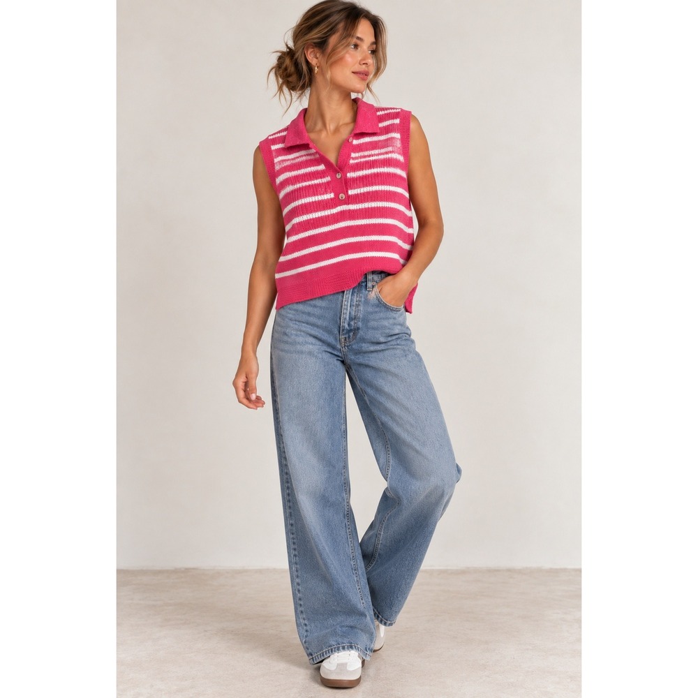 BiBi Prep Pink White Striped Sweater Vest Polo Collar Sleeveless Knit Top Small